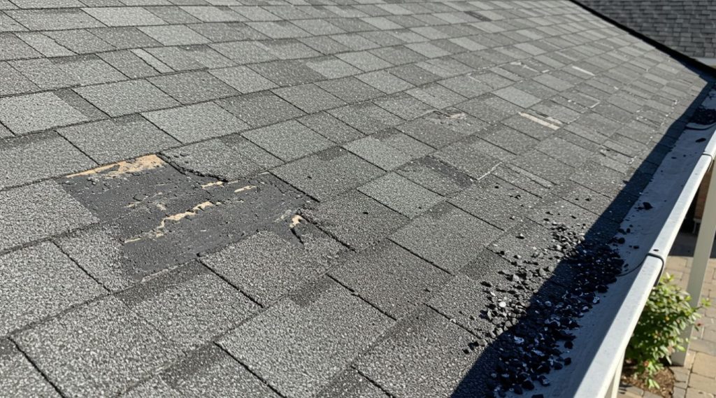 Close-up of asphalt shingles with granule loss on a Connecticut and Rhode Island home roof, showing bald patches and loose granules in the gutter, a common sign roof replacement is needed.