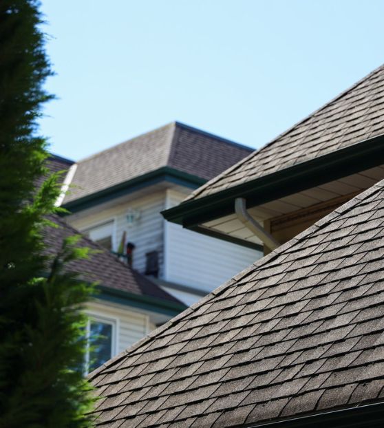 Close-up of an asphalt shingle roof and gutter line on a home in Stonington, CT.