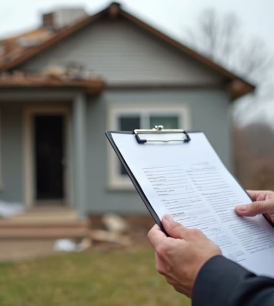 Home insurance inspection checklist on a clipboard outside a house.